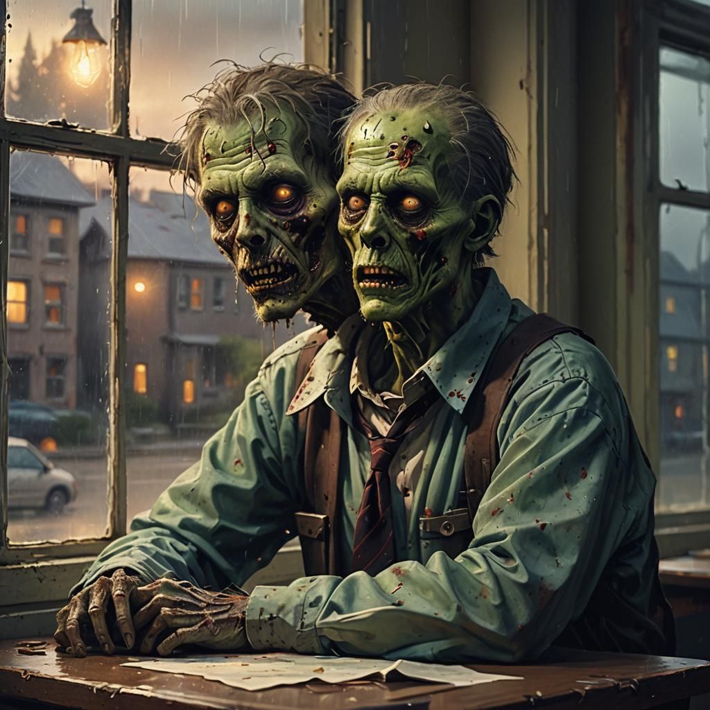Zombie Contemplating Rainy Night: Digital Painting