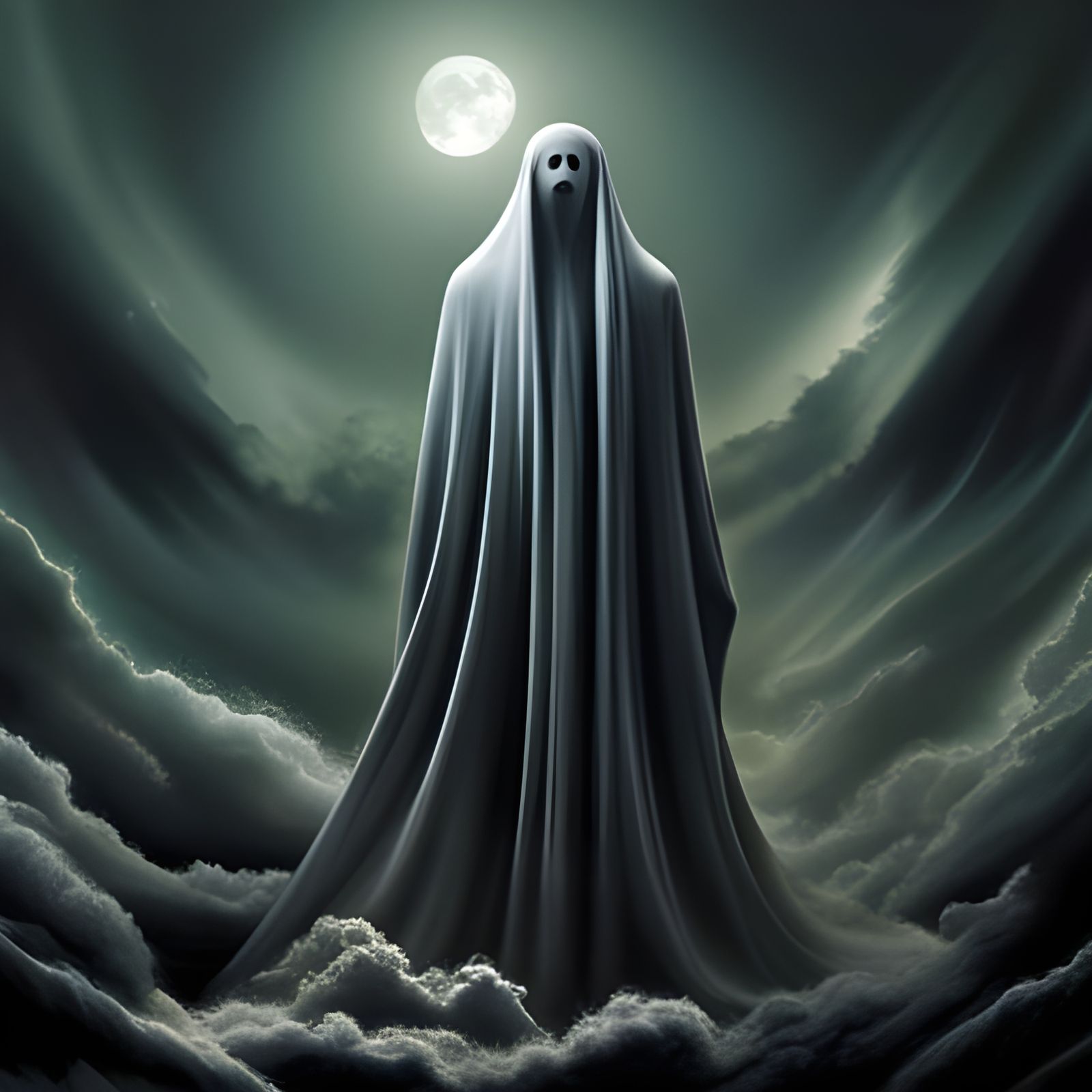 Ghost surrounded by clouds, intricate details, HDR, beautifully shot, hyperrealistic, sharp focus, 64 megapixels, perfec...