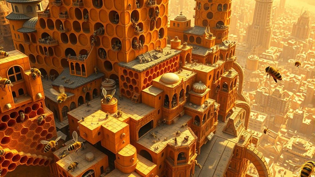 Surreal Metropolis of Honeycombs in Warm Golden Light