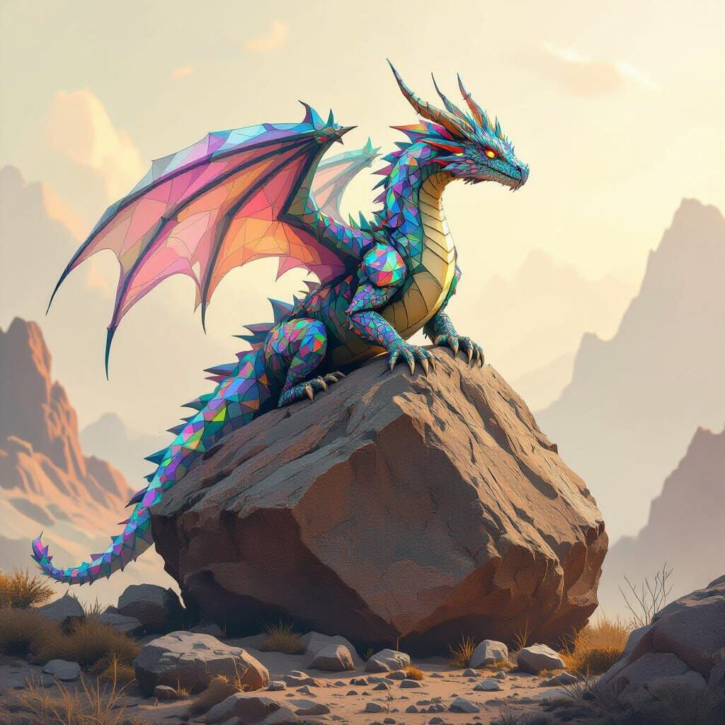Crystal Dragon on Ancient Rock, Digital Art