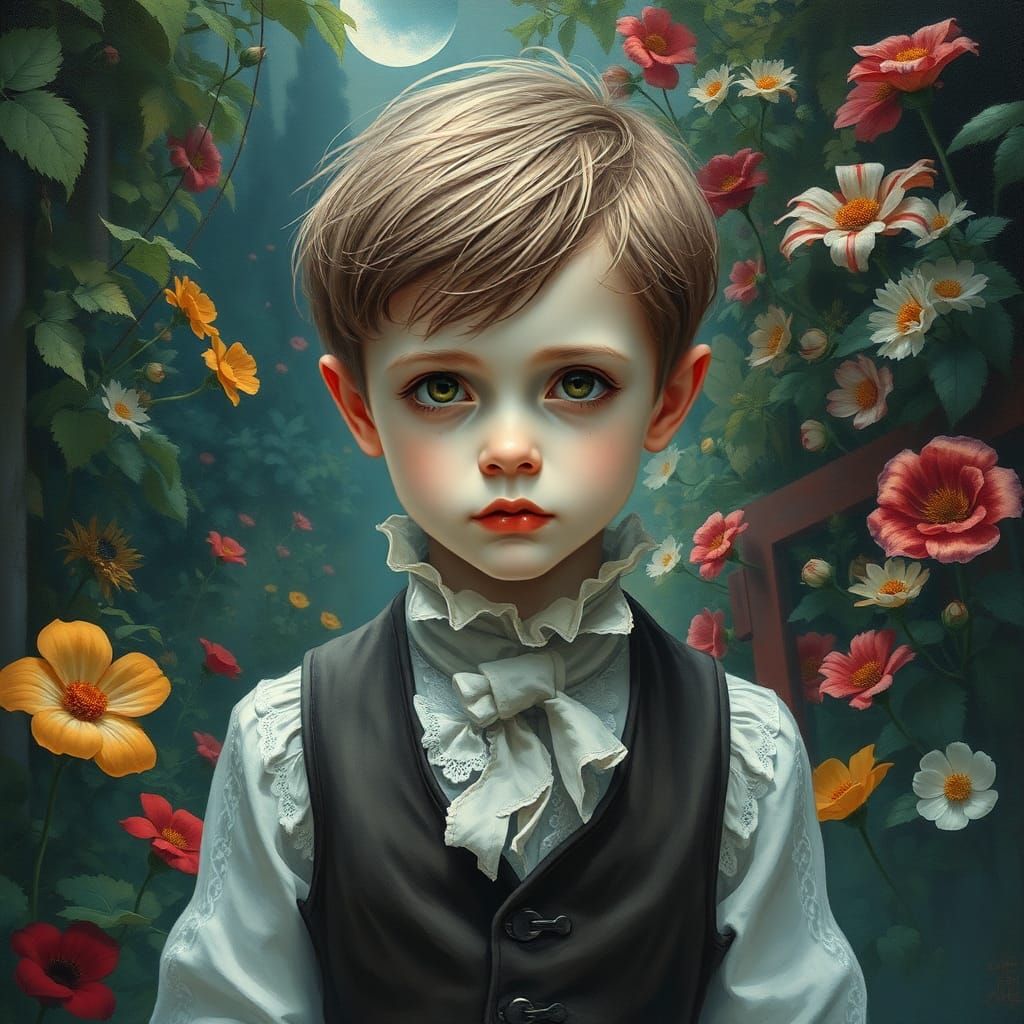 Young Vampire in a Mystical Garden, Gouache Style