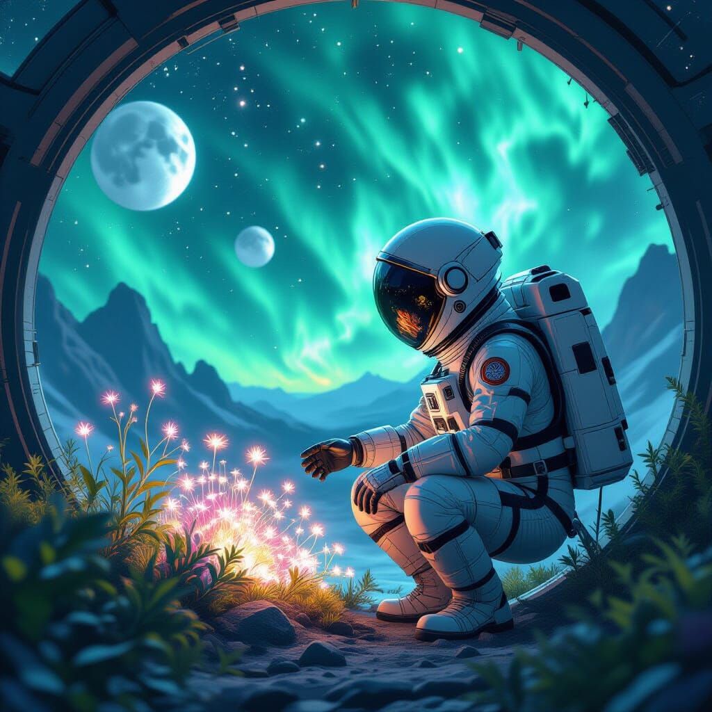 Bioluminescent Garden on Exoplanet in Moebius Style