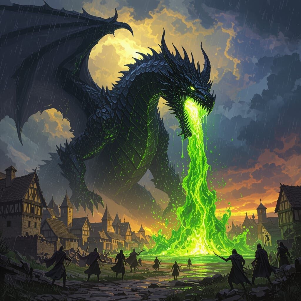 Massive Obsidian Dragon Attacks Medieval Village