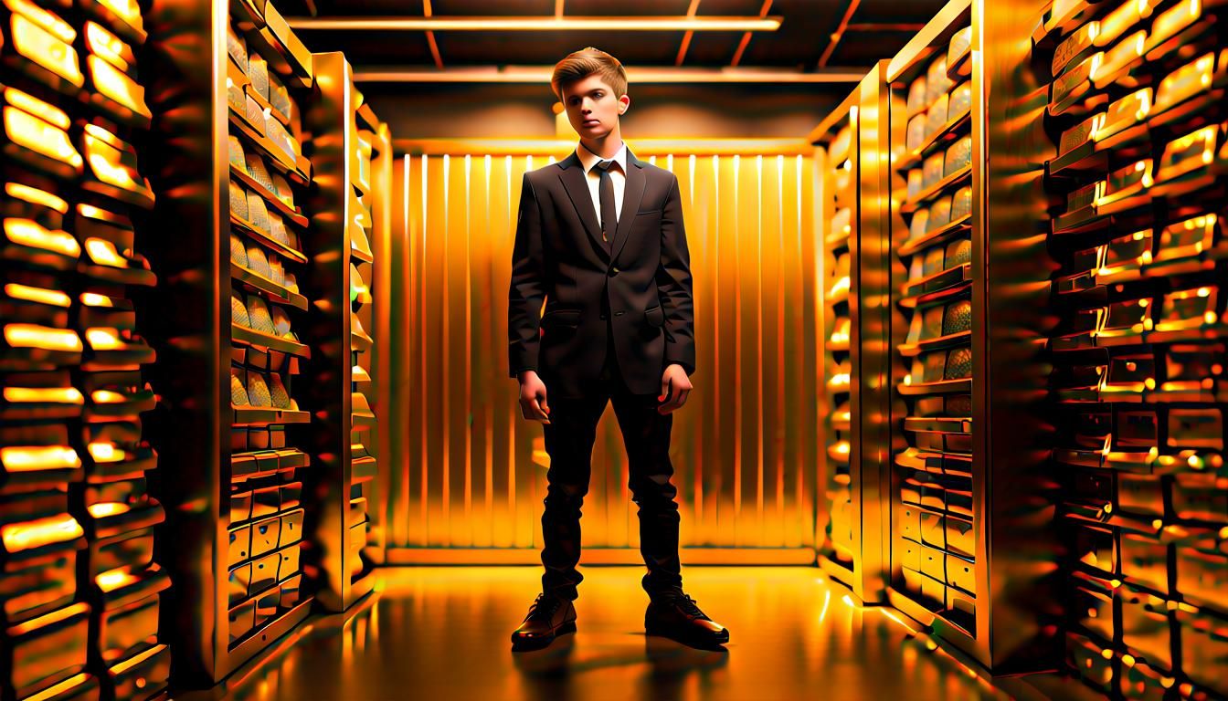 Teenage Billionaire in Gold Vault: Hyperrealistic HDR