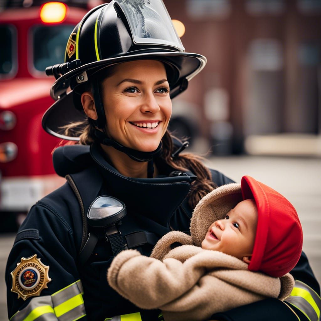 Smiling Firefighter Holding Infant in Professional Photo