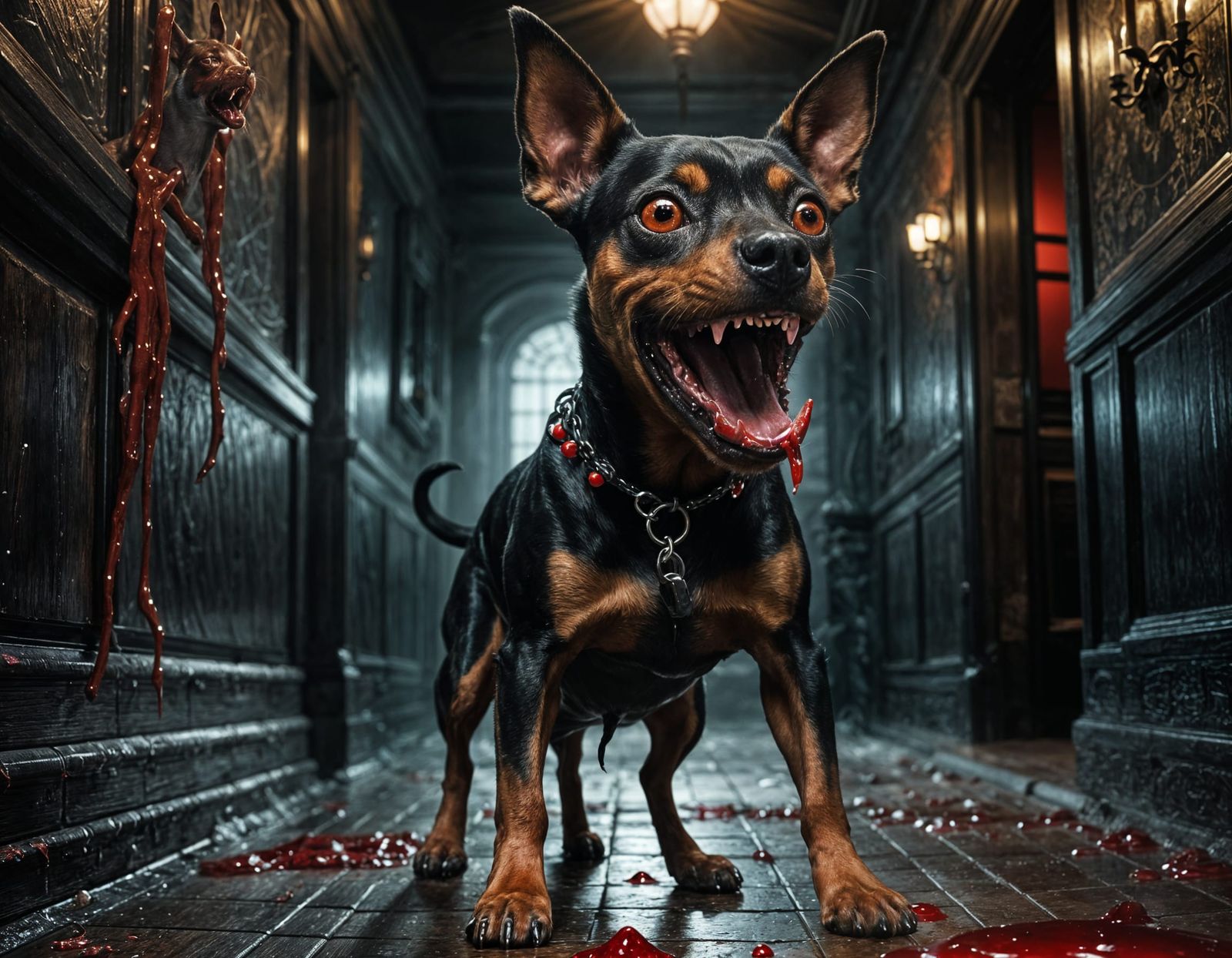 Pinscher Dog in Haunted House, Hyper-Realistic Digital Art