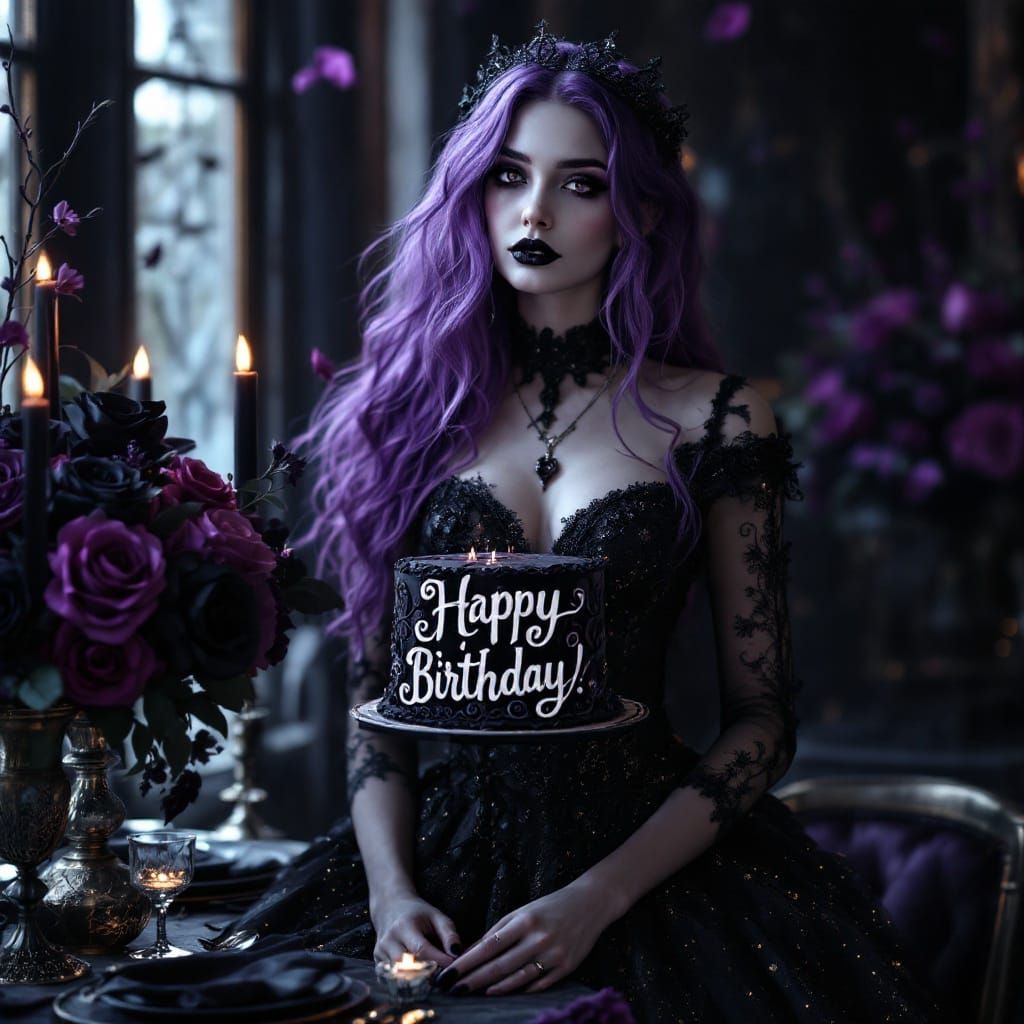 Gothic Girl Celebrates Birthday with Elegant Black and Purpl...