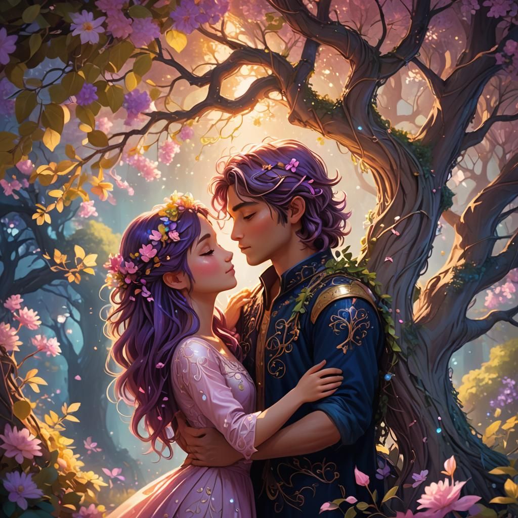 Fantasy Kiss Under Glowing Tree: Dreamy Concept Art