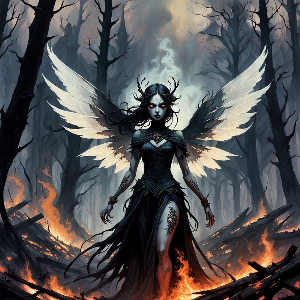Ethereal Ash Fairy Rising from Forest Fire