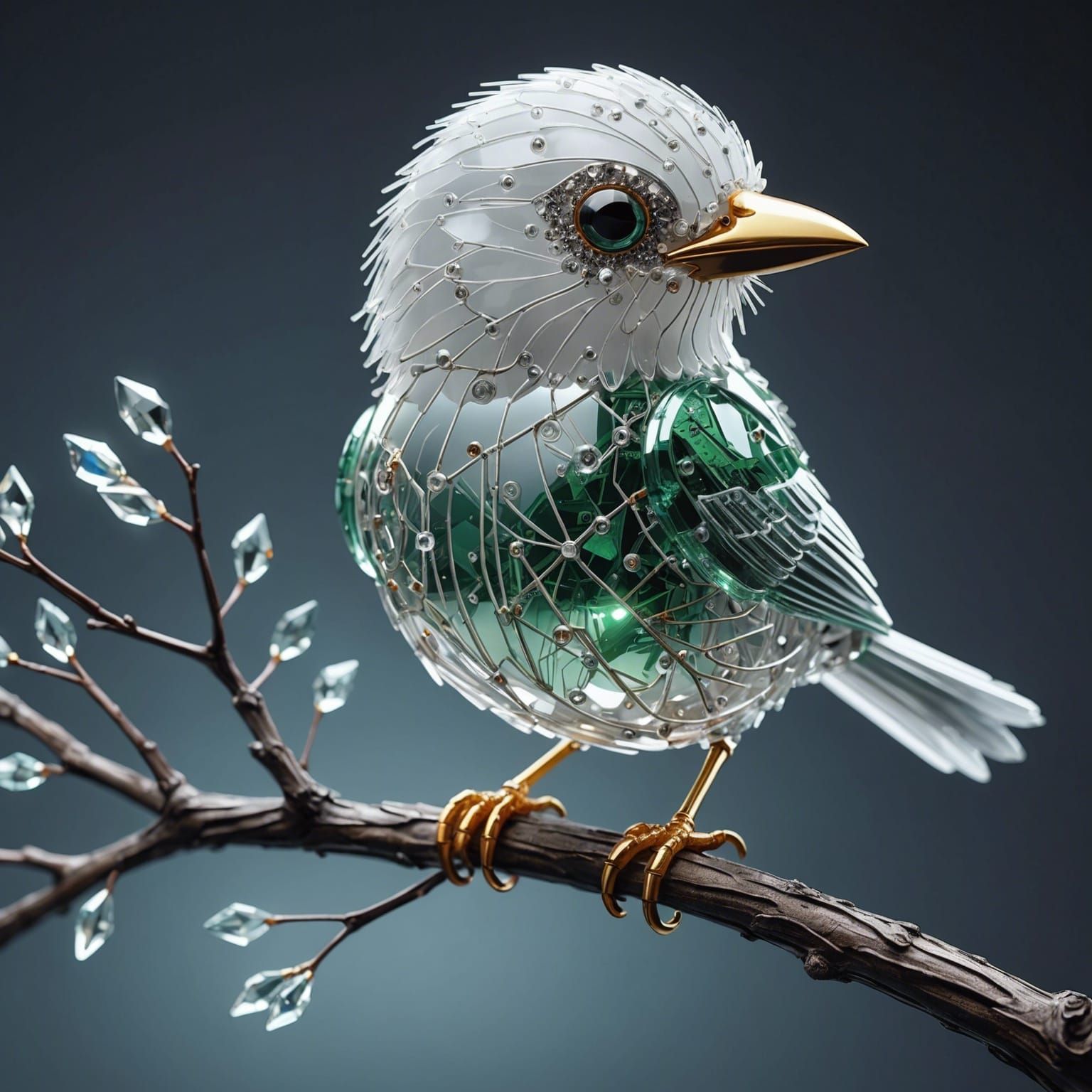 Hyper realistic cute adorable fluffy circuit board bird, on a branch, crystal glass-like, surrealist, white glow, glowin...