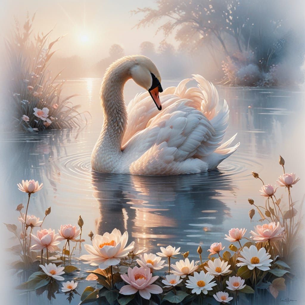 Graceful Swan at Dawn: Pastel Lake Reflection