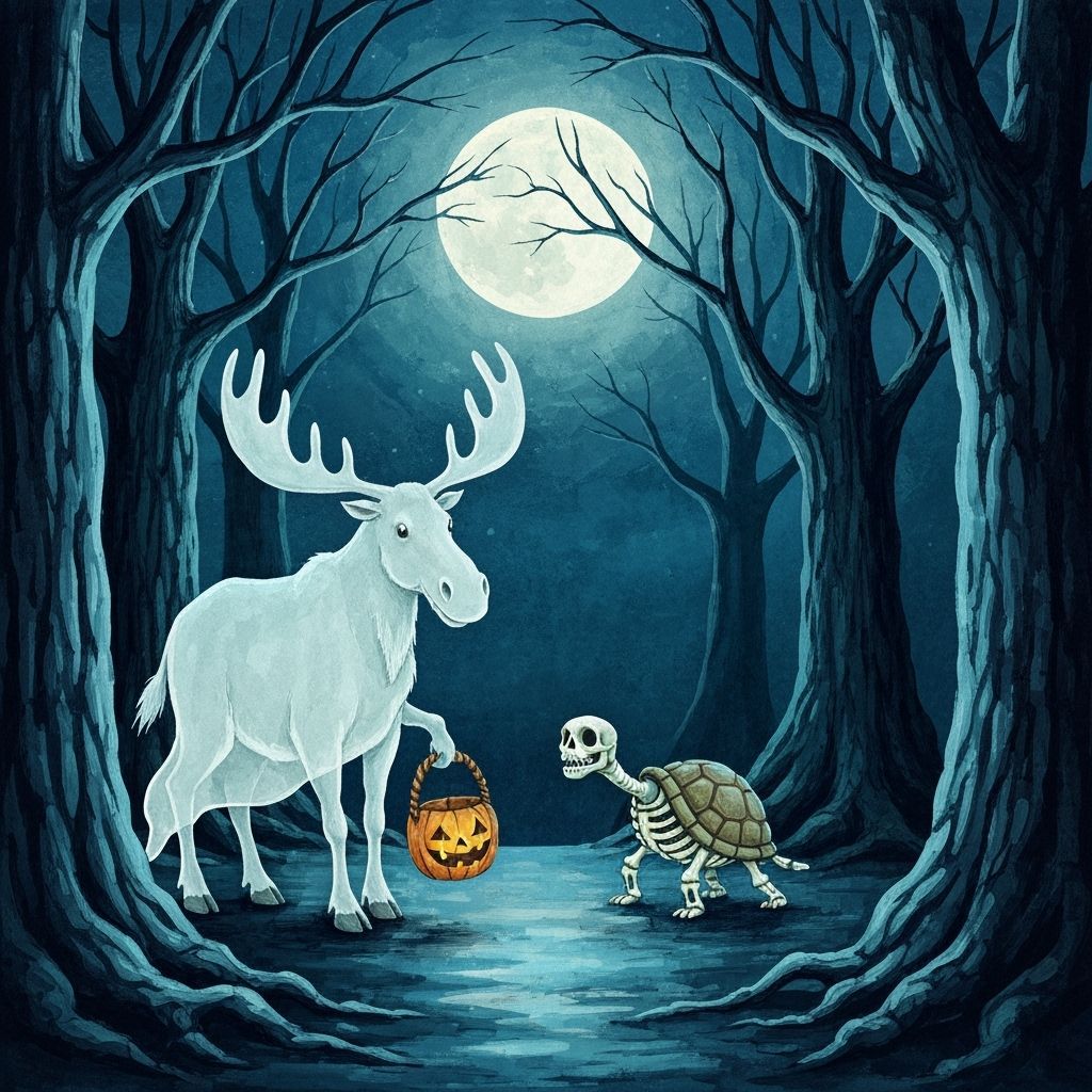 Ghost Moose and Skeleton Turtle Trick-or-Treating in Moonlit...