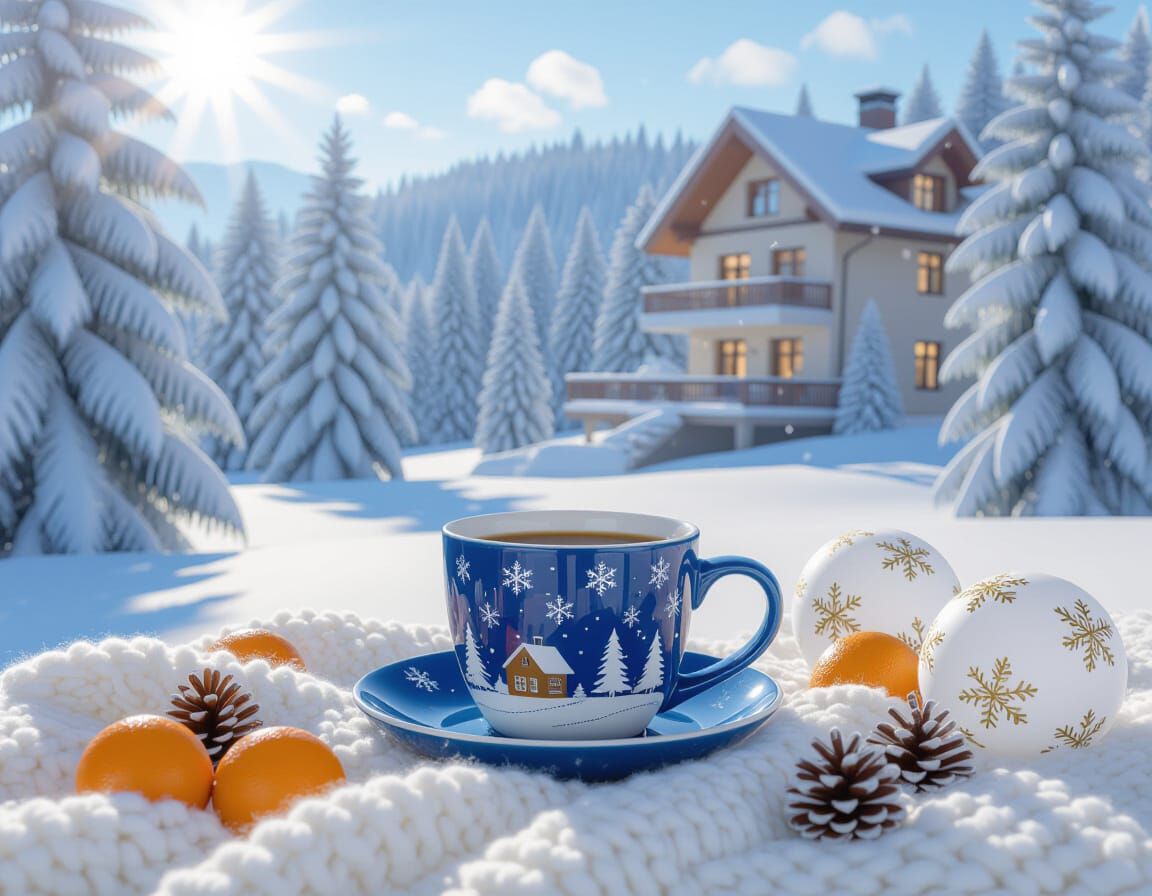 Winter Morning Landscape with Glowing House and Coffee Cup