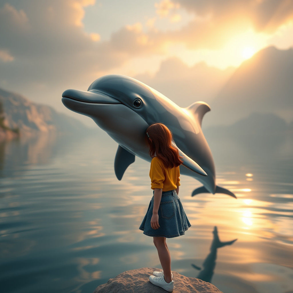 Dolphin and Girl at Lakeside: Hyperrealistic 3D Render