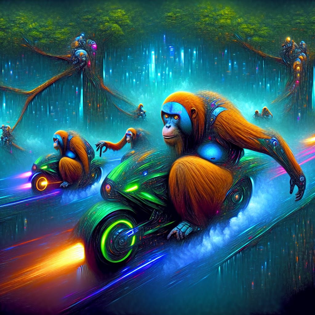 Cyberpunk Orangutan in Futuristic Nighttime Landscape
