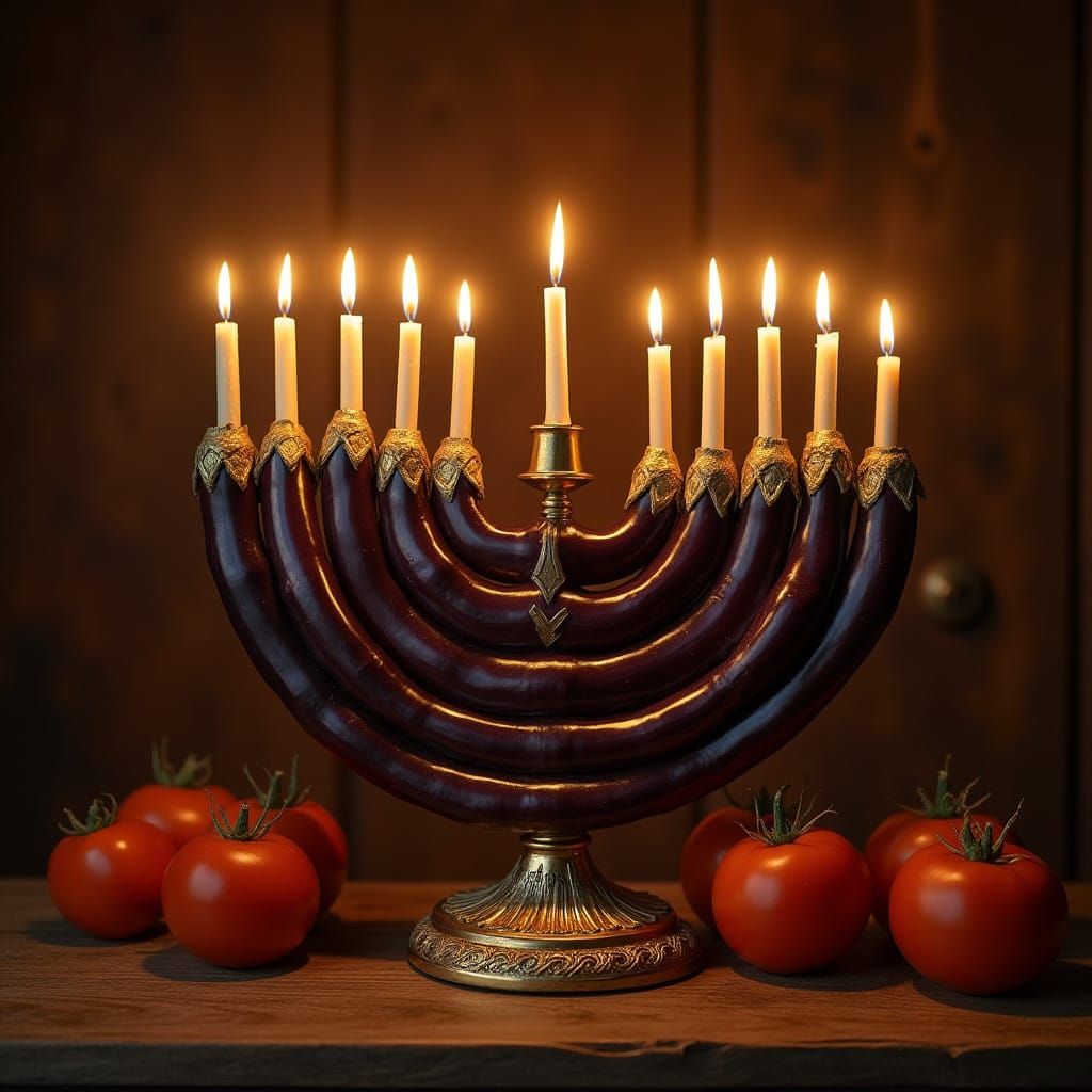 Traditional Hanukkah Menorah Crafted from Eggplants and Toma...