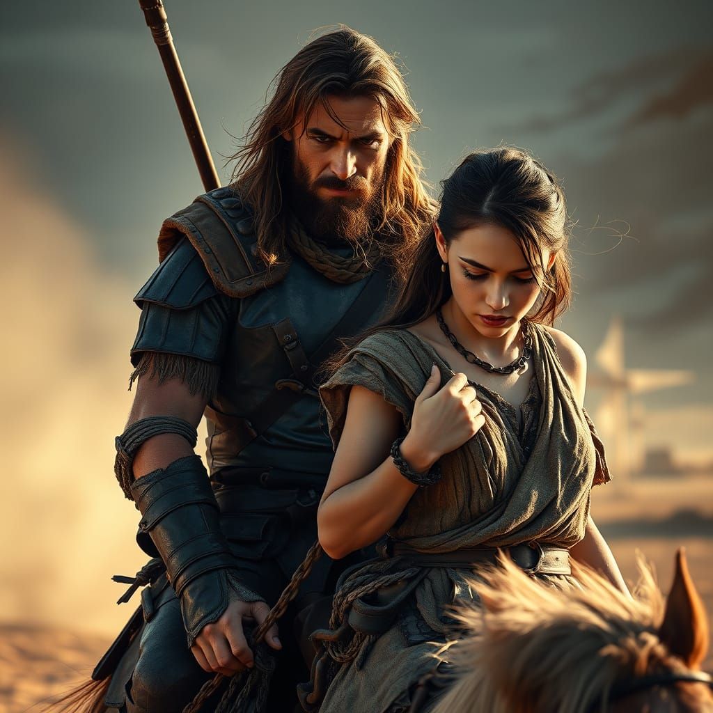 Warrior in Leather Armor Leads Captive Maiden