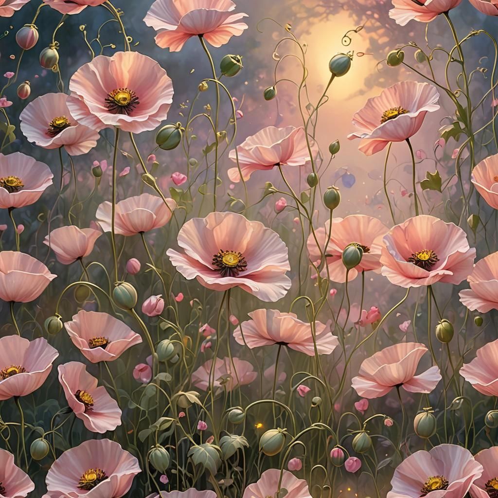 Blue Poppies in Pink Light: A Whimsical Garden Scene