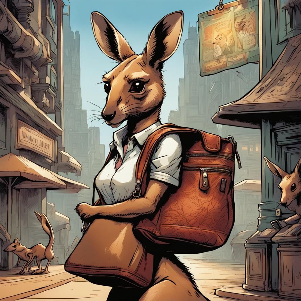a female kangaroo carrying a fashionable purse
