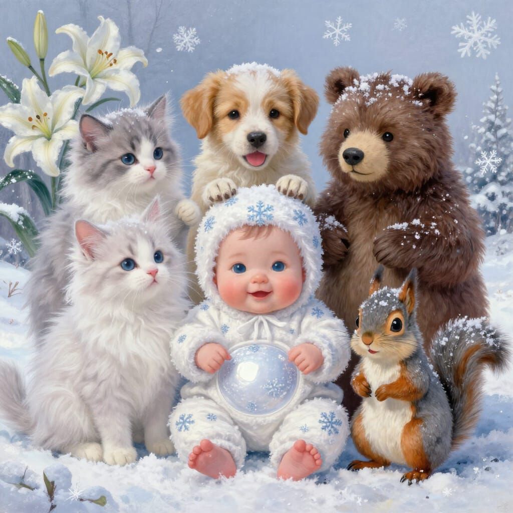Whimsical Animals and Babies in Winter Painting Style