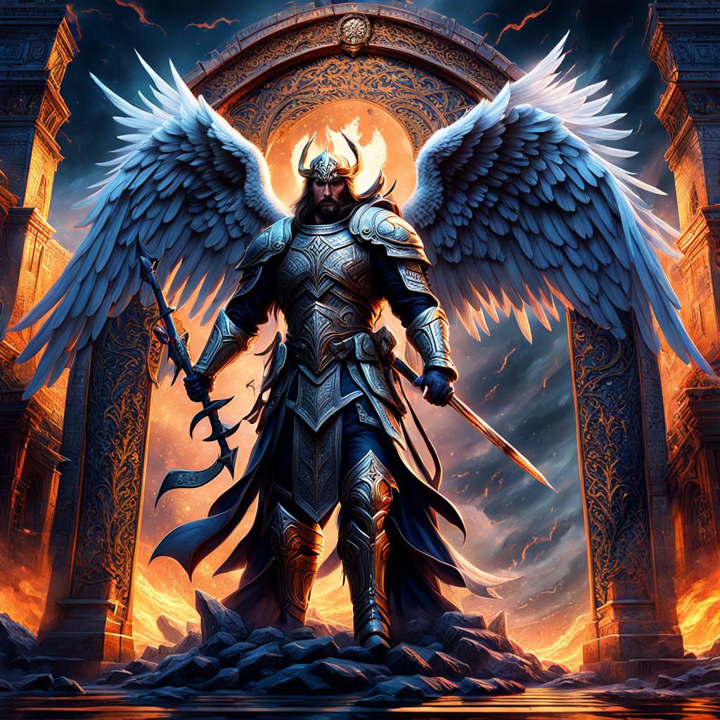 Warrior Angel Defends Gate in Epic Painting