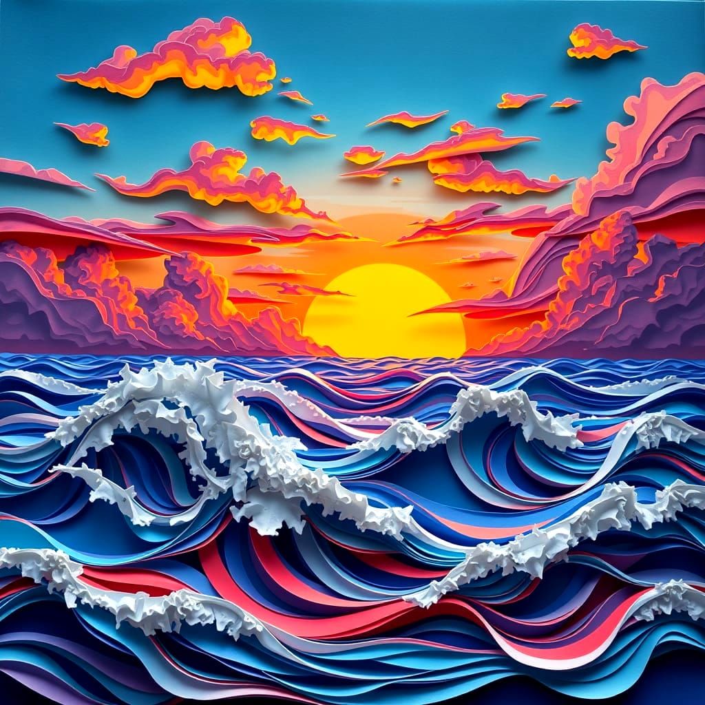 Paper Collage Sunset in 3D Style