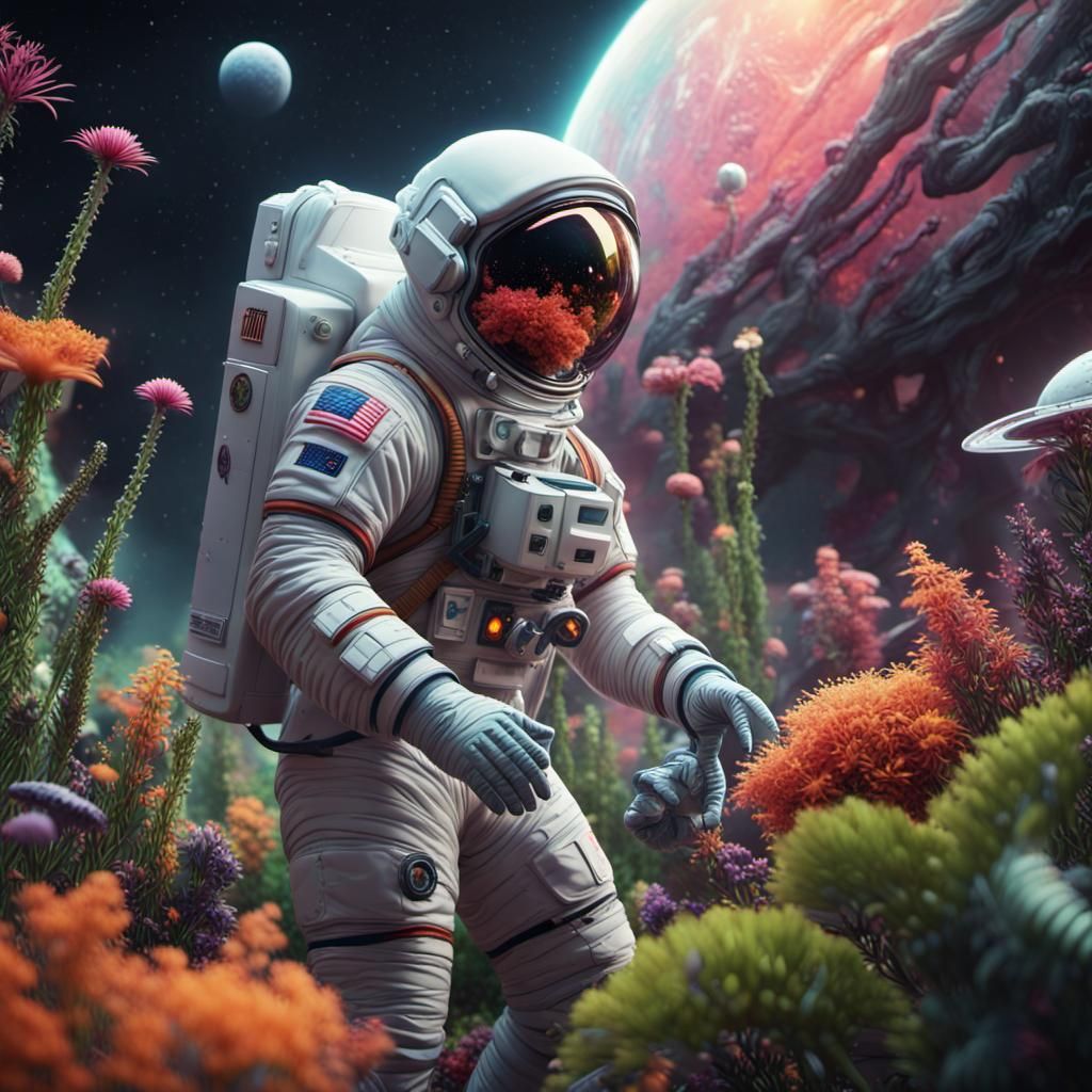 Astronaut and Alien Garden in Hyperrealistic Style