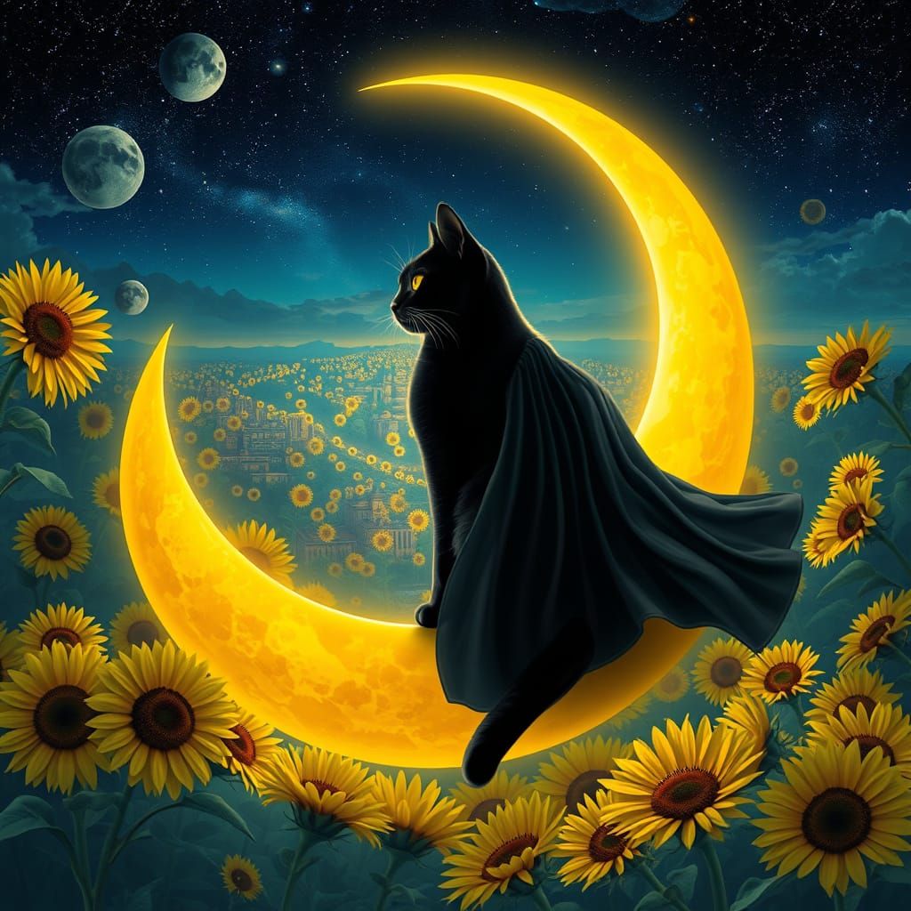 Cosmic Cat on Moon in Astral Sunflower City