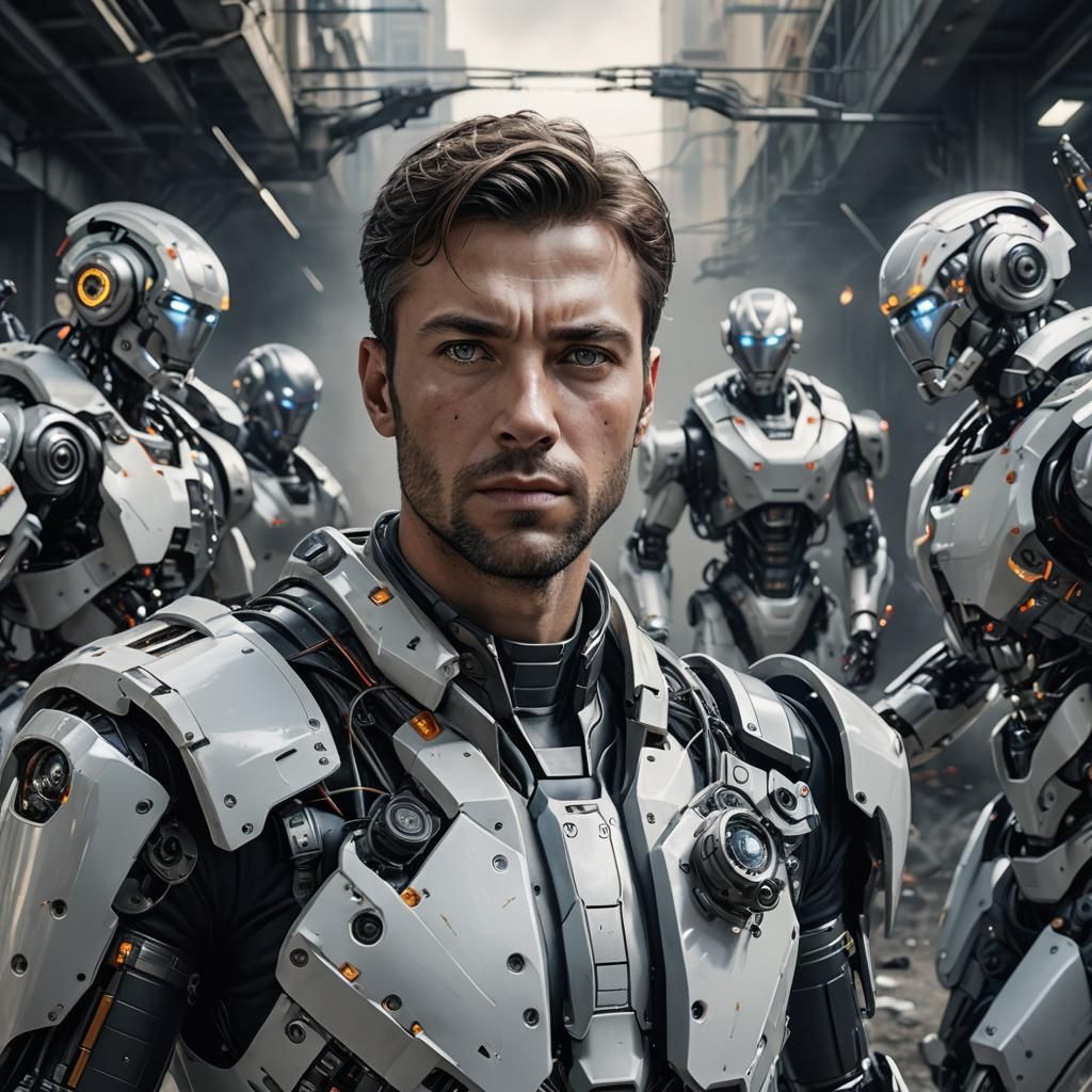 Man Battles Robots to Save Mankind: Hyperrealistic Portrait