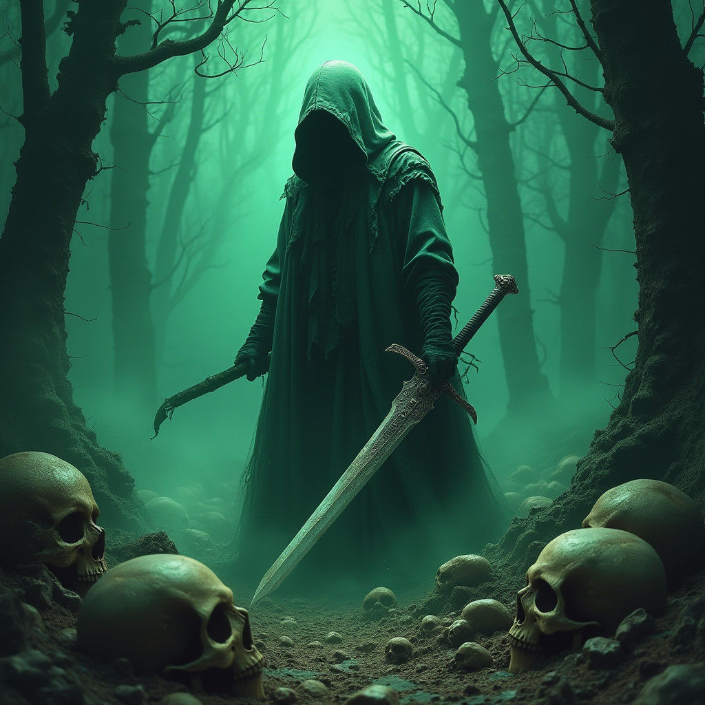 Mysterious Figure in Forest Clearing with Sword