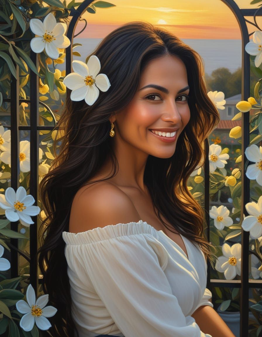 Romantic Realism Portrait of Woman in Garden Trellis