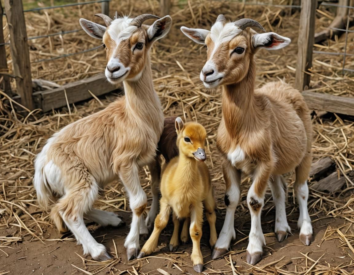 Goat-Duckling Triplets Nuzzle Mother on Farm