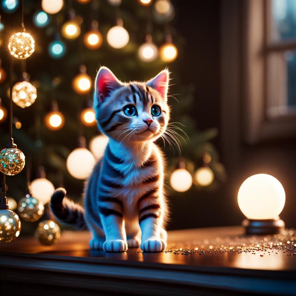 Tiny Kitty Mesmerized by Christmas Lights in Hyperrealism