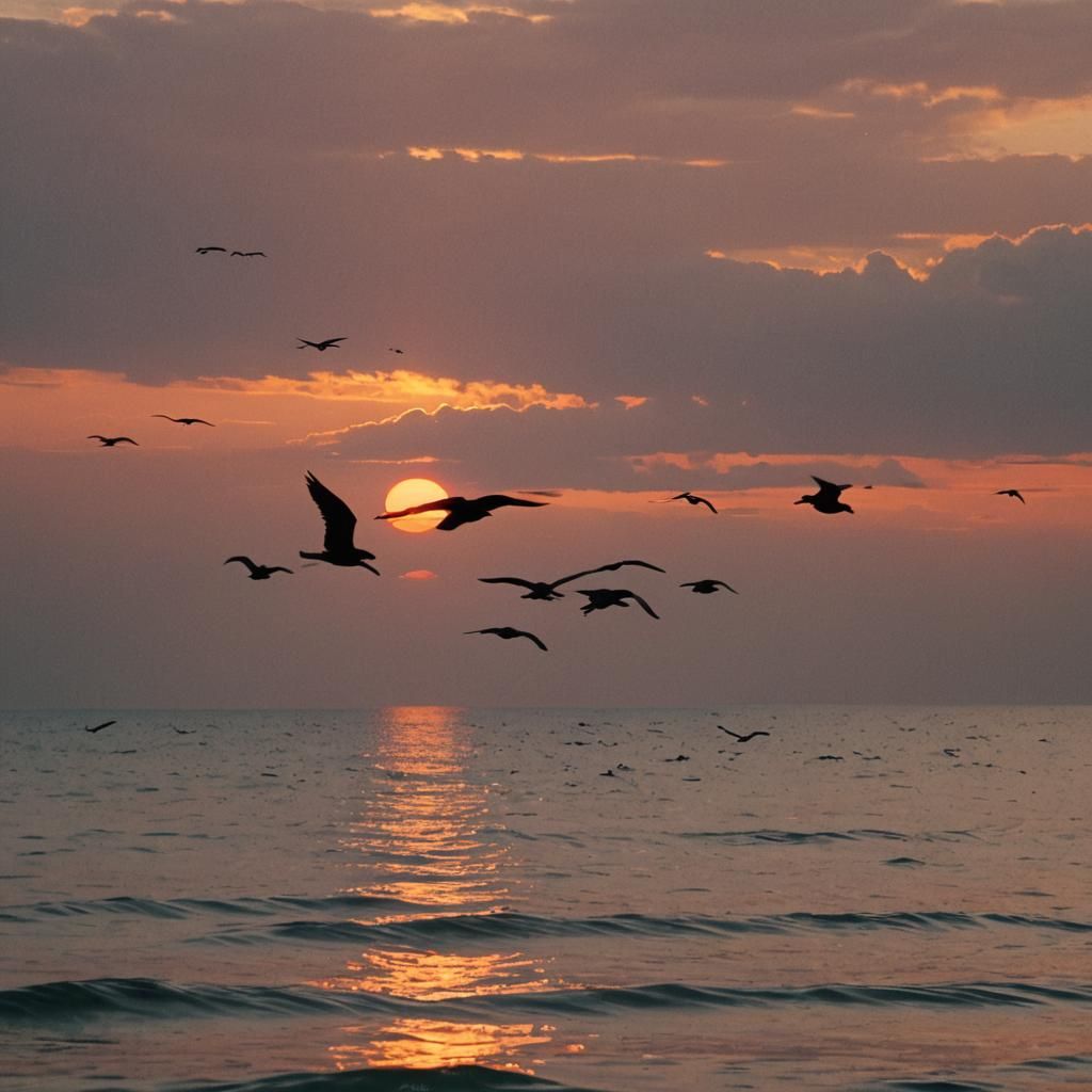 Dramatic Sunset Over Sea with Birds in Flight