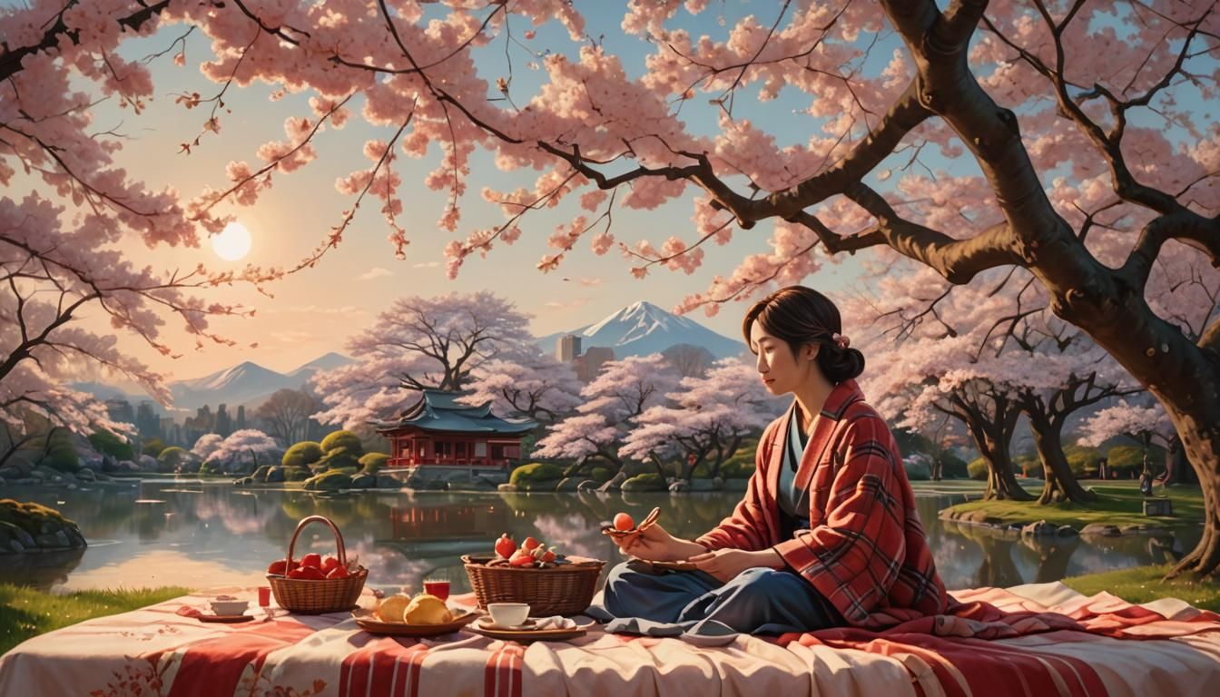 Cherry Blossom Picnic in Oil Painting Style
