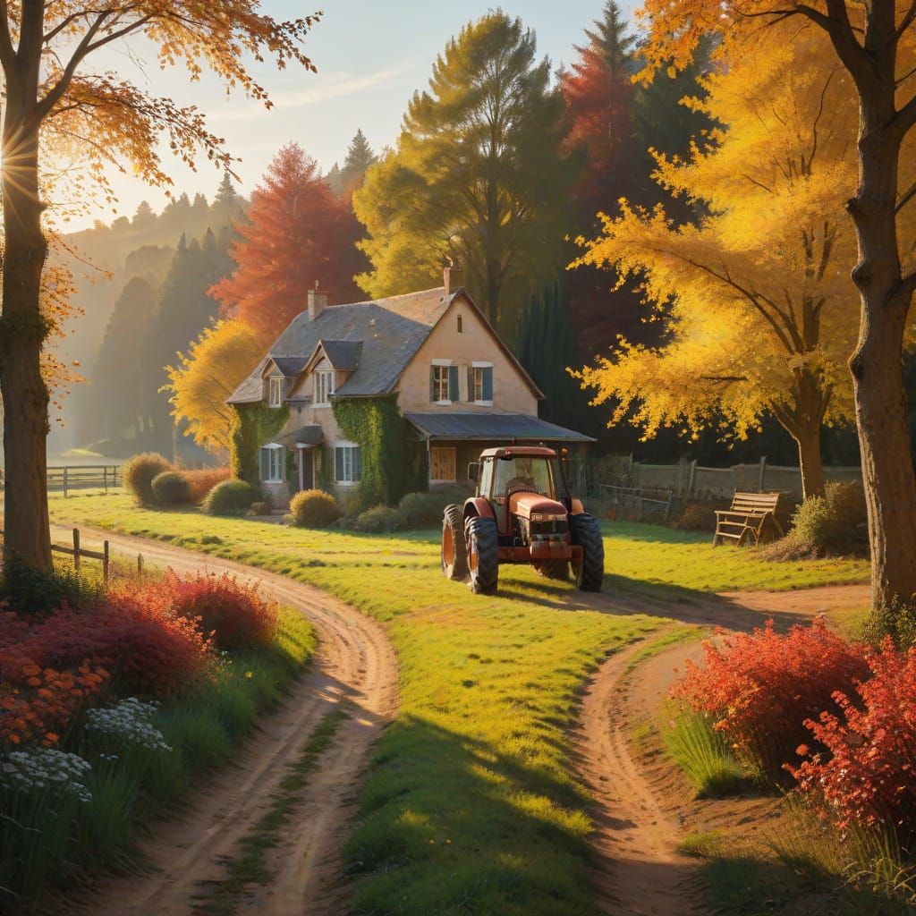 Impressionist Countryside Scene with Cozy Rural Tranquility