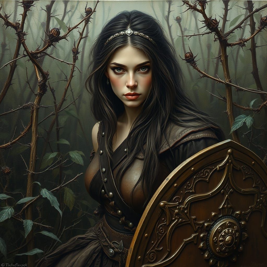 Norse Goddess in Thorny Thicket: Encaustic Impasto Painting