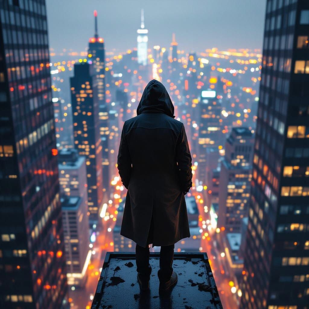 Lone Figure Gazing at Cityscape in Hyperrealistic Style