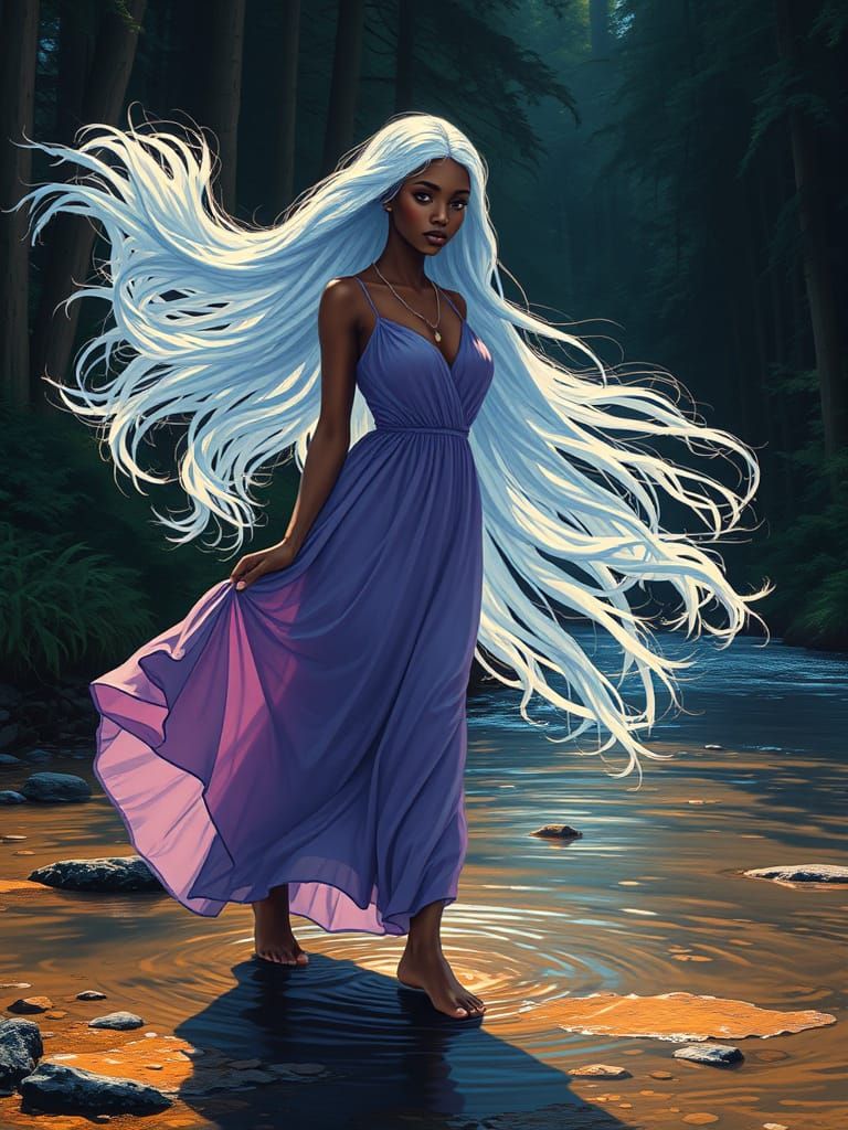 Radiant Woman in Forest Stream, Art Nouveau Style