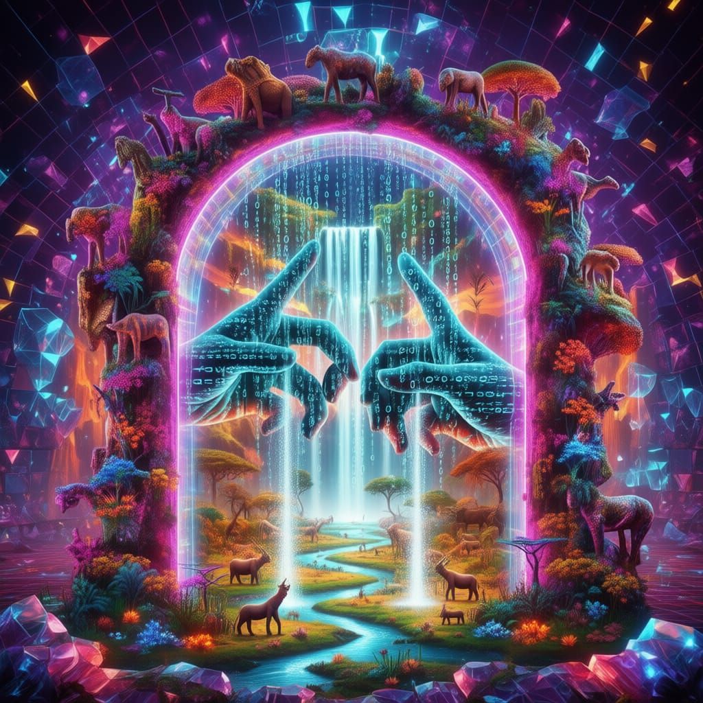 Giant Binary Hands Form Digital Portal to Otherworldly Realm