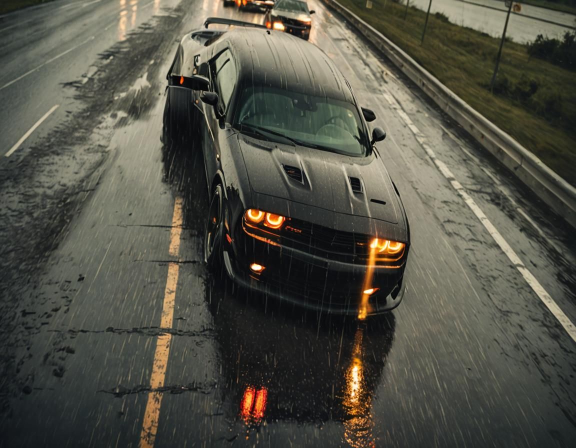 Black Dodge Challenger Races Down Rainy Highway