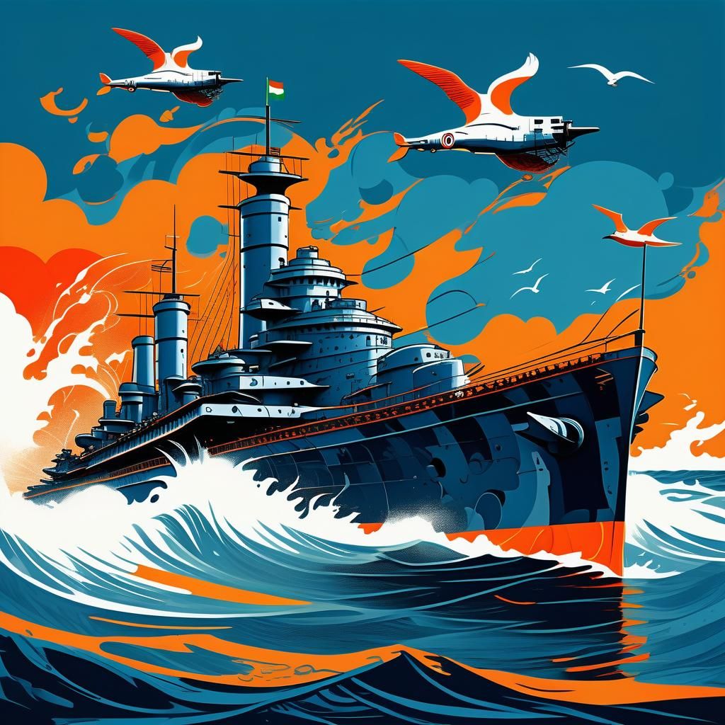 Futurist Battleship Steaming Through Stylized Sea