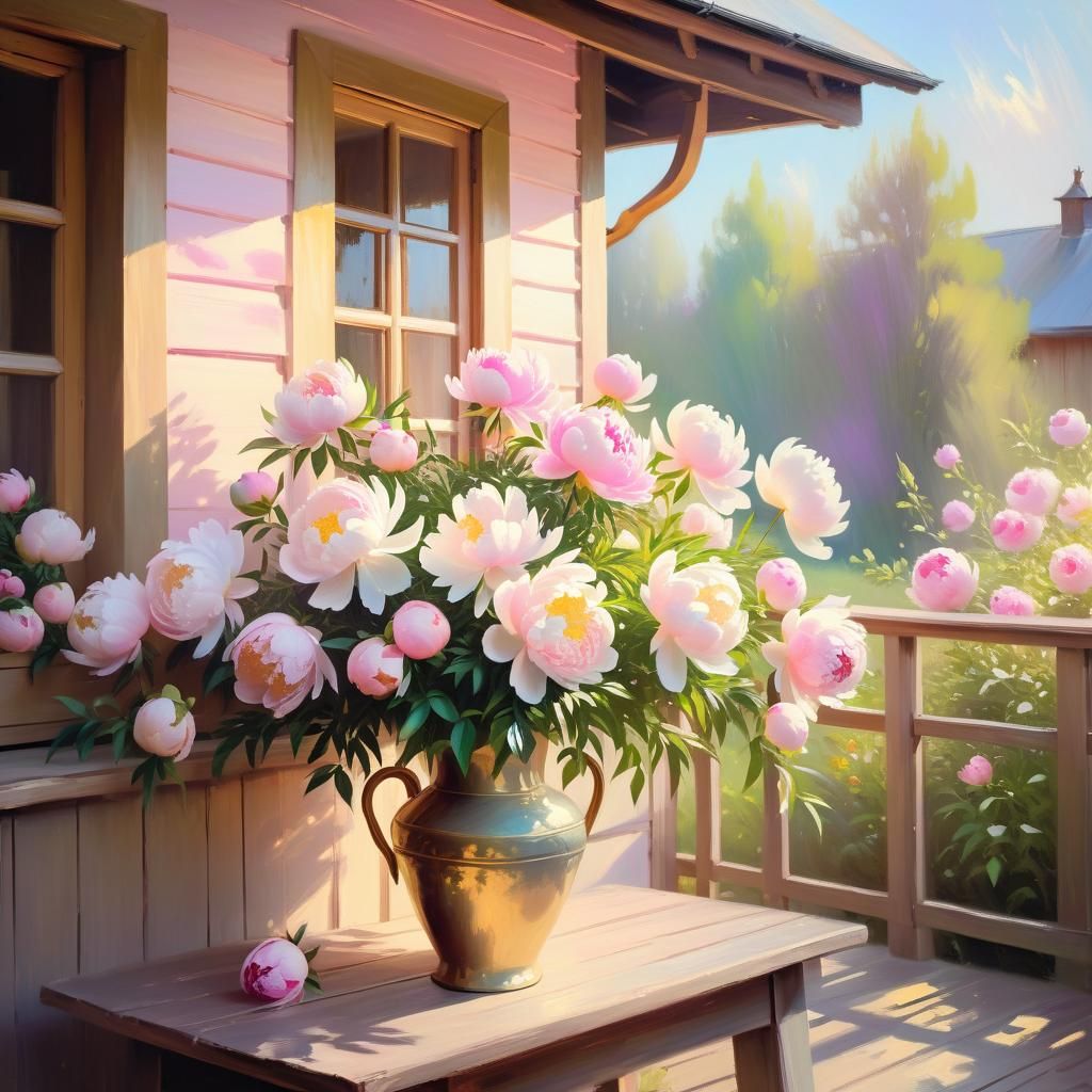 Impressionist Peonies in Full Bloom, Oil Painting