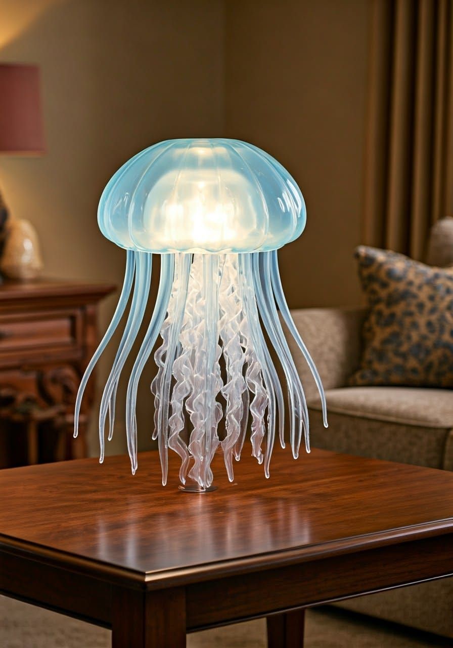 Jellyfish Lamp with LED Tendrils in Cozy Living Room