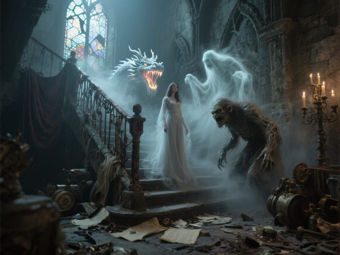 Hyper-Gothic Horror: Spectral Woman in Ancient Staircase