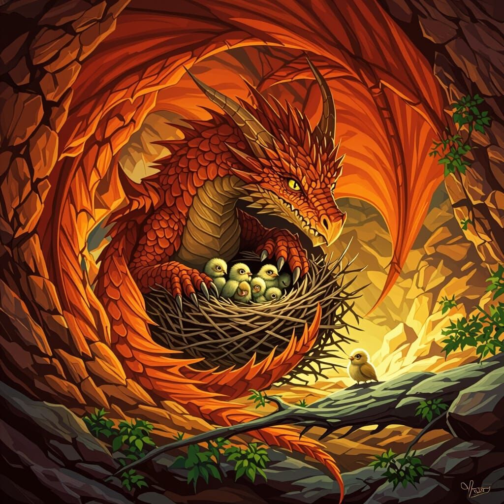 Dragon Protecting Bird Nest in Realistic Style