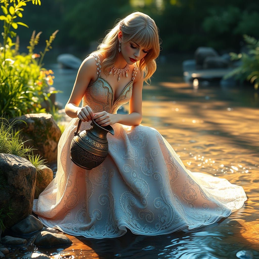 Taylor Swift Collects Sparkling Stream Water in Elegant, Gli...