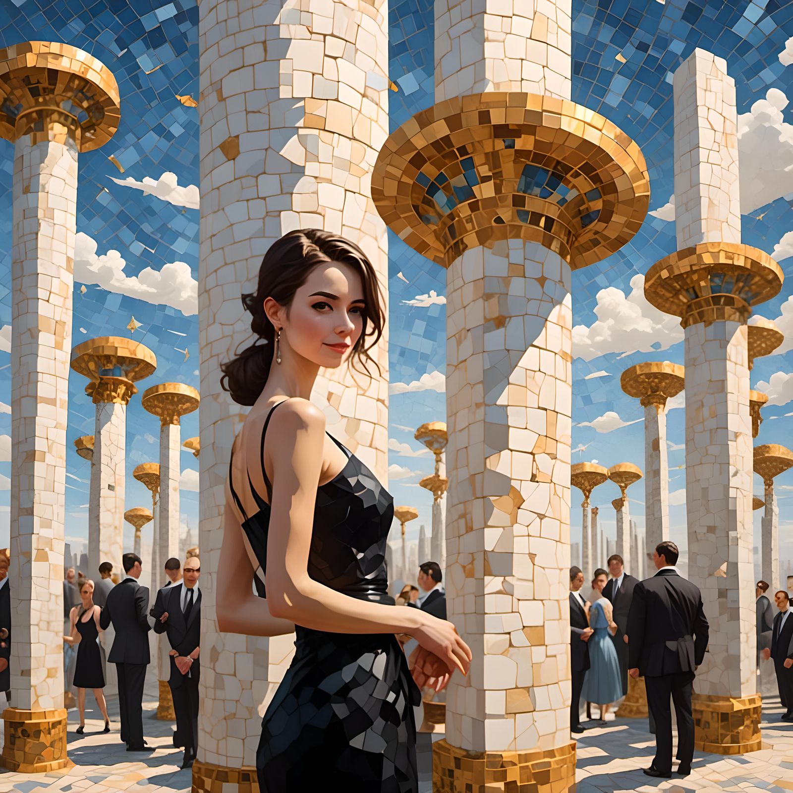 Woman in Black Dress Posing by White Column