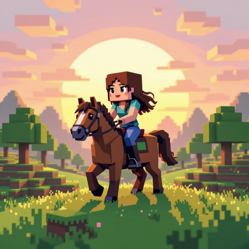 Minecraft-Style Voxel Woman on Horseback