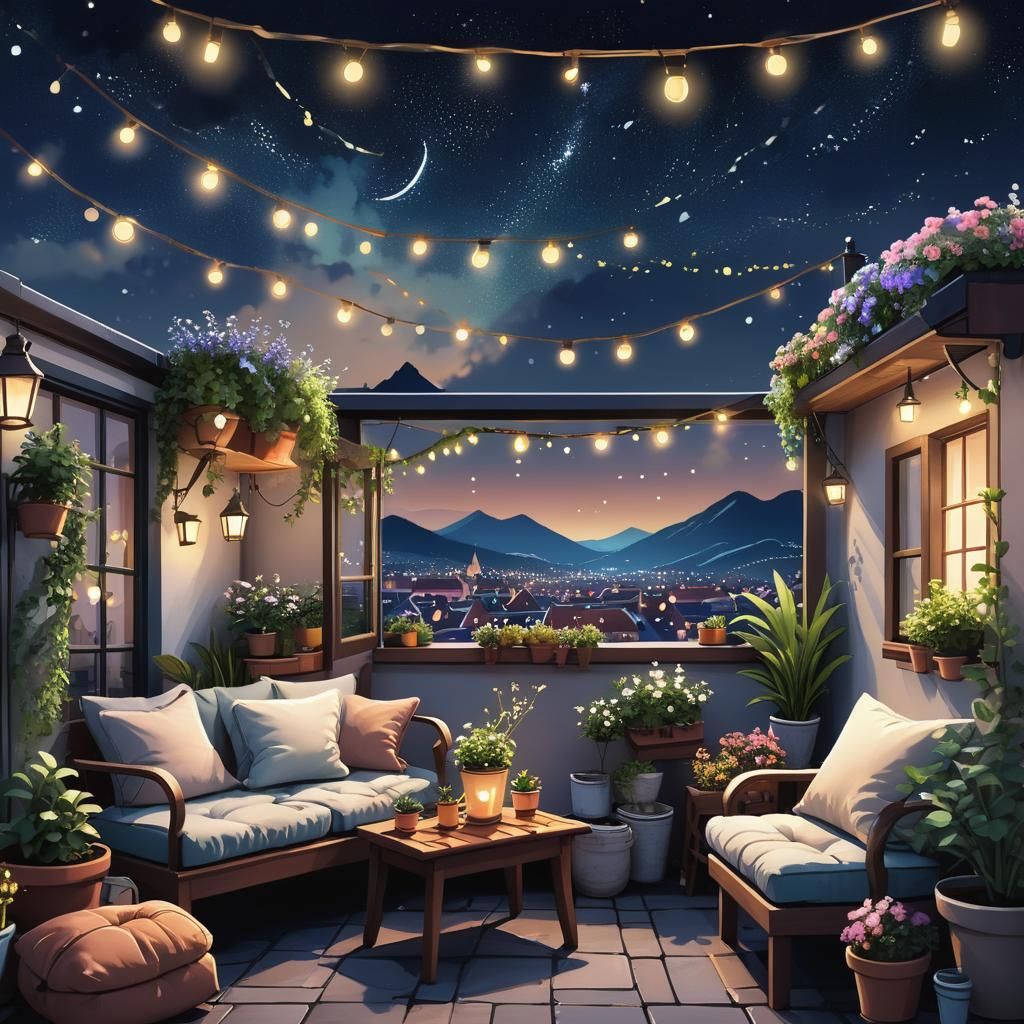 Charming Rooftop Garden at Night